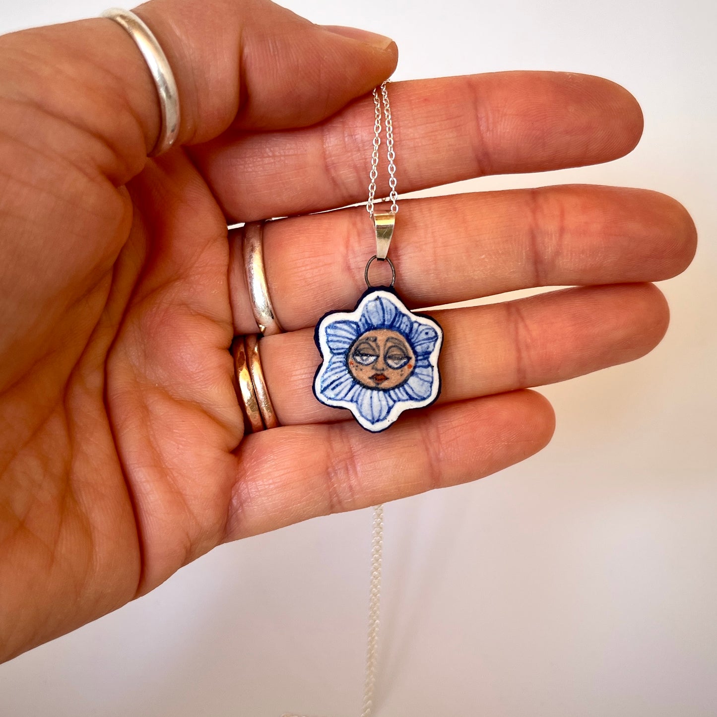 Handmade Ceramic Flower Shaped Pendant Necklace – Flower Person Design (Sterling Silver, Wearable Art)