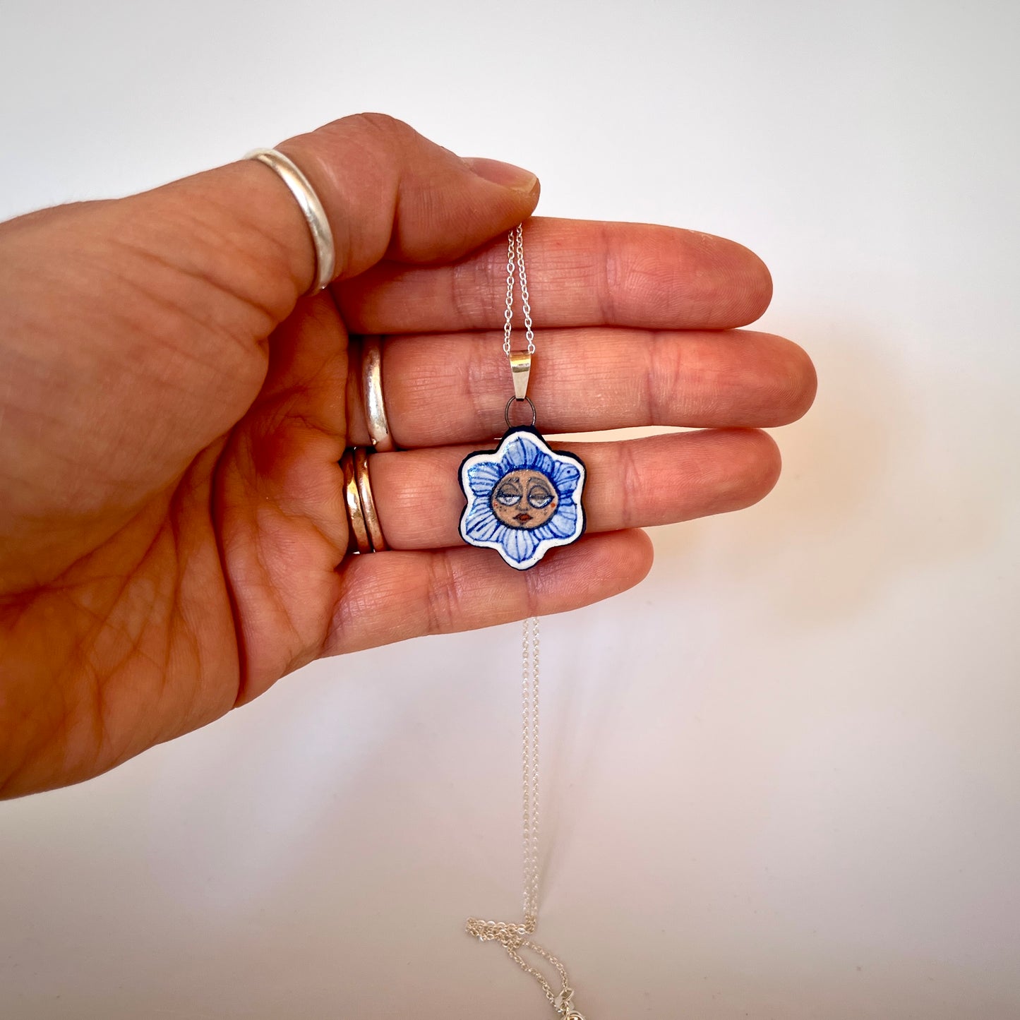 Handmade Ceramic Flower Shaped Pendant Necklace – Flower Person Design (Sterling Silver, Wearable Art)