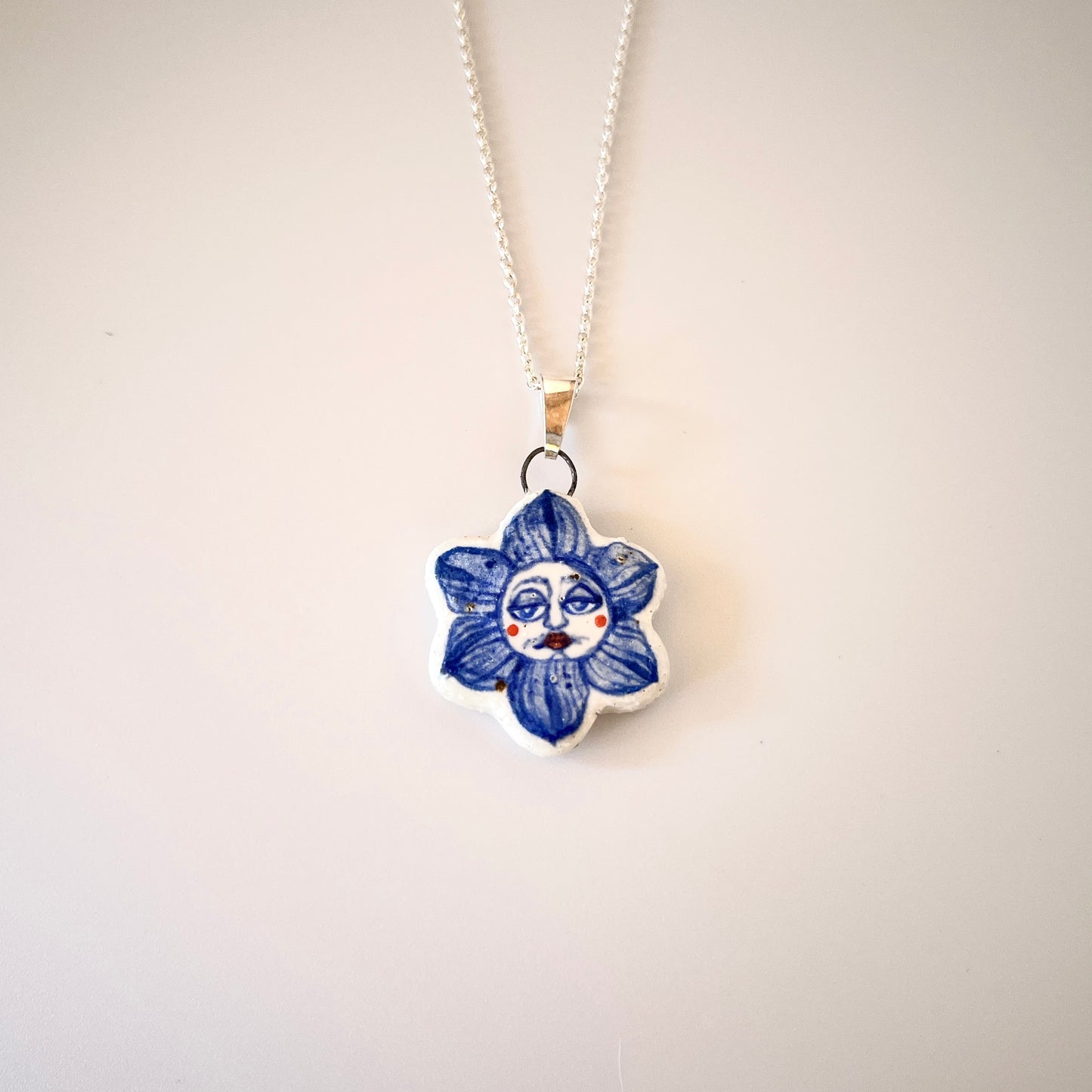 Handmade Ceramic Flower Shaped Pendant Necklace – Flower Person Design (Sterling Silver, Wearable Art)