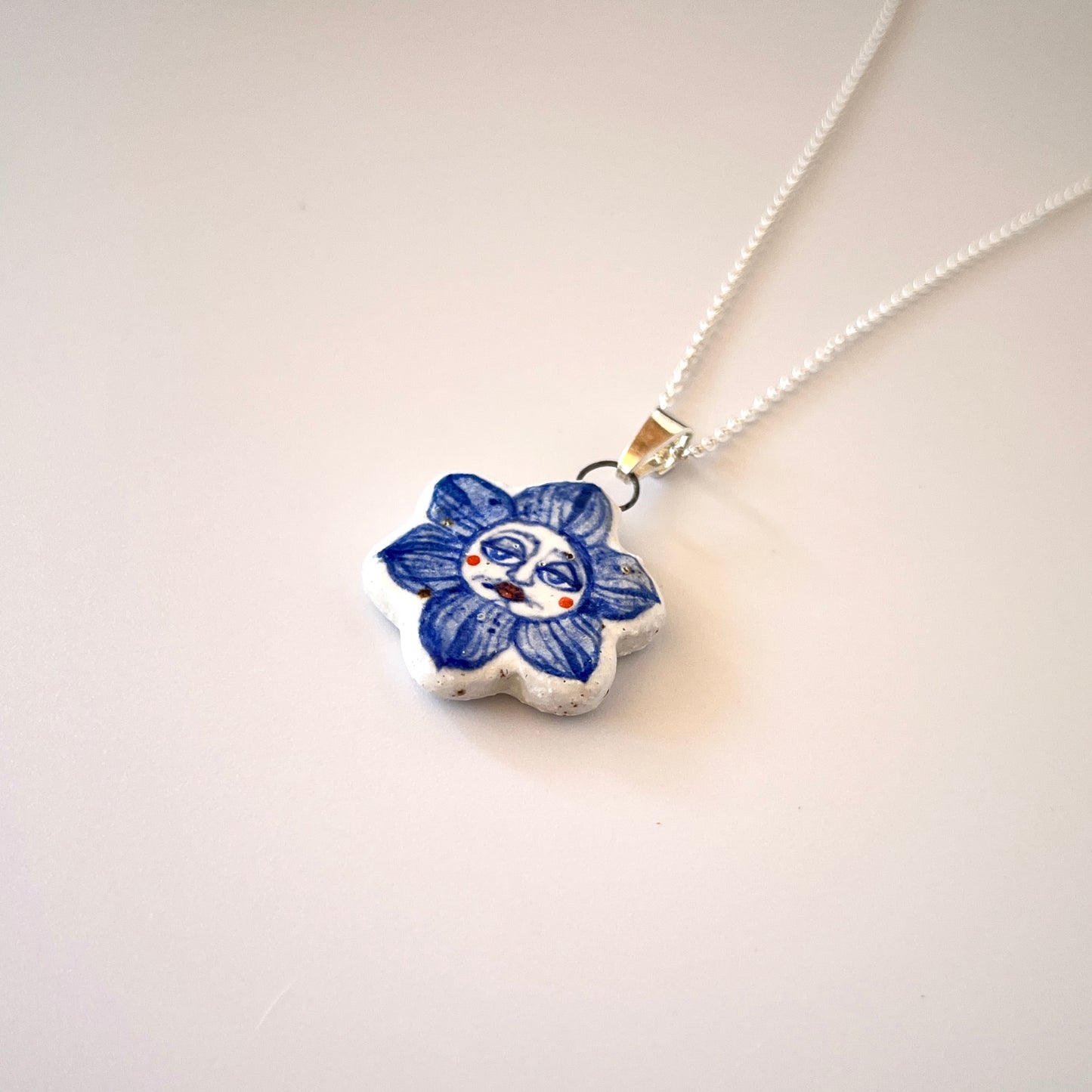 Handmade Ceramic Flower Shaped Pendant Necklace – Flower Person Design (Sterling Silver, Wearable Art)