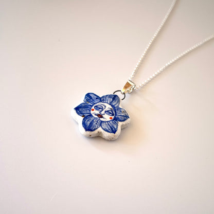 Handmade Ceramic Flower Shaped Pendant Necklace – Flower Person Design (Sterling Silver, Wearable Art)