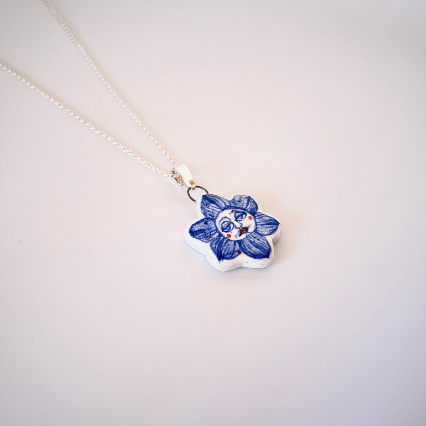 Handmade Ceramic Flower Shaped Pendant Necklace – Flower Person Design (Sterling Silver, Wearable Art)