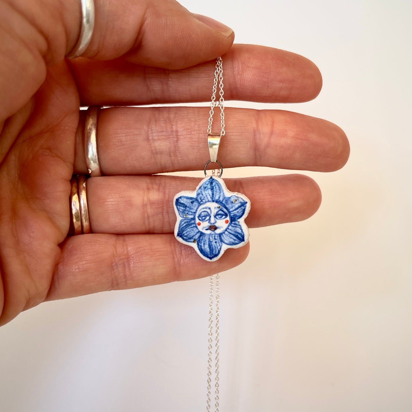 Handmade Ceramic Flower Shaped Pendant Necklace – Flower Person Design (Sterling Silver, Wearable Art)