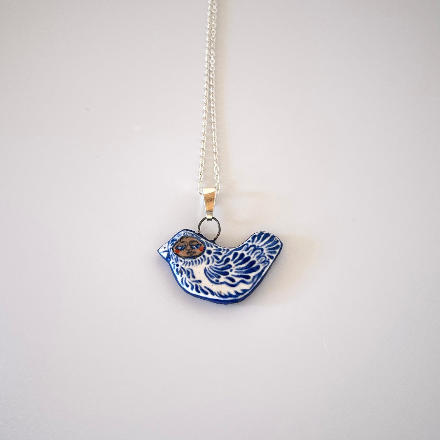Handmade Ceramic Bird Pendant Necklace – Bird Person Design (Sterling Silver, Wearable Art)