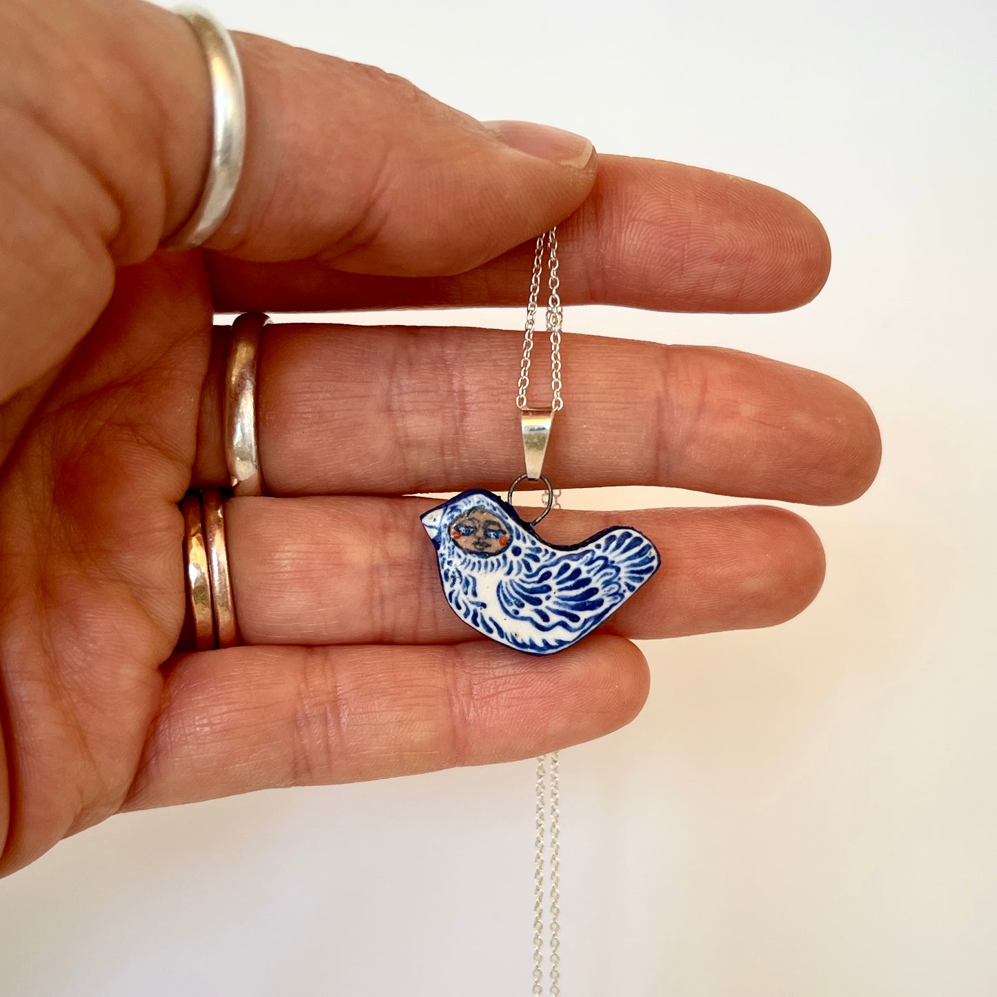 Handmade Ceramic Bird Pendant Necklace – Bird Person Design (Sterling Silver, Wearable Art)