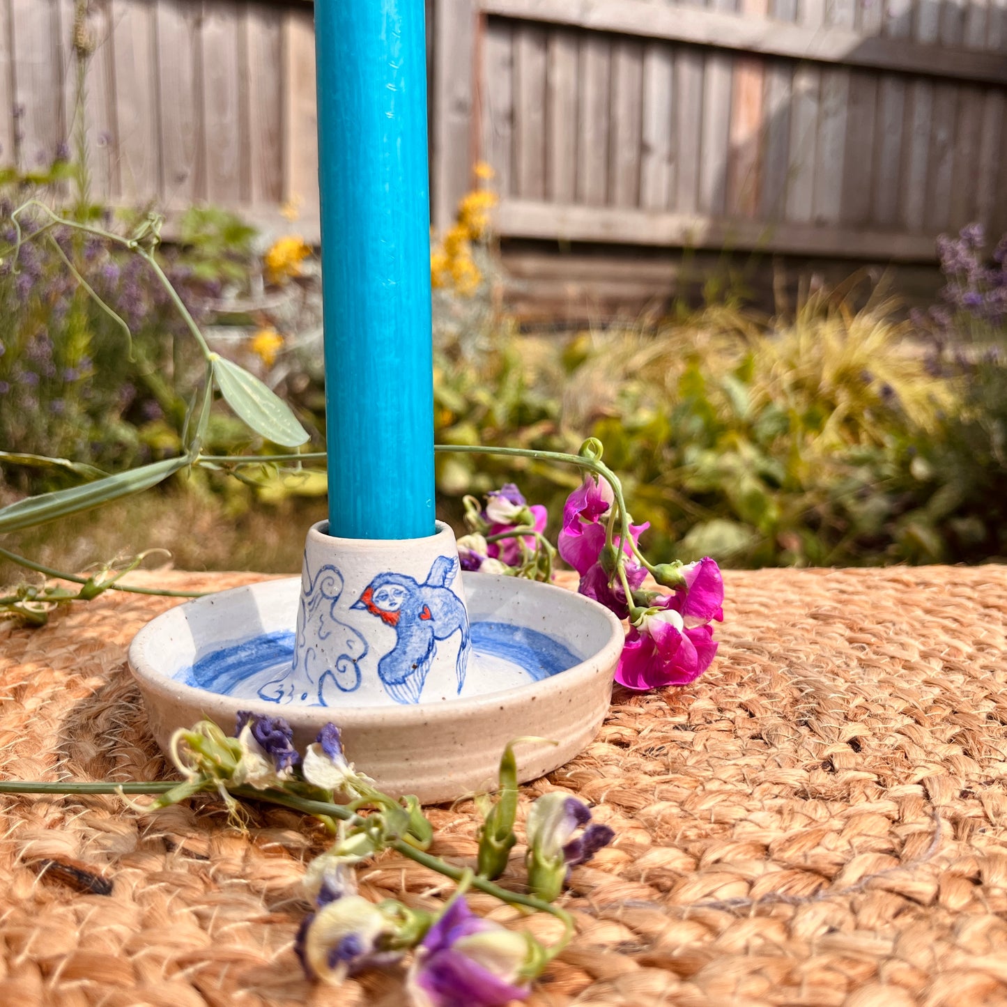 Handcrafted Ceramic Candlestick Holder – Swallow Design (Speckled Stoneware)