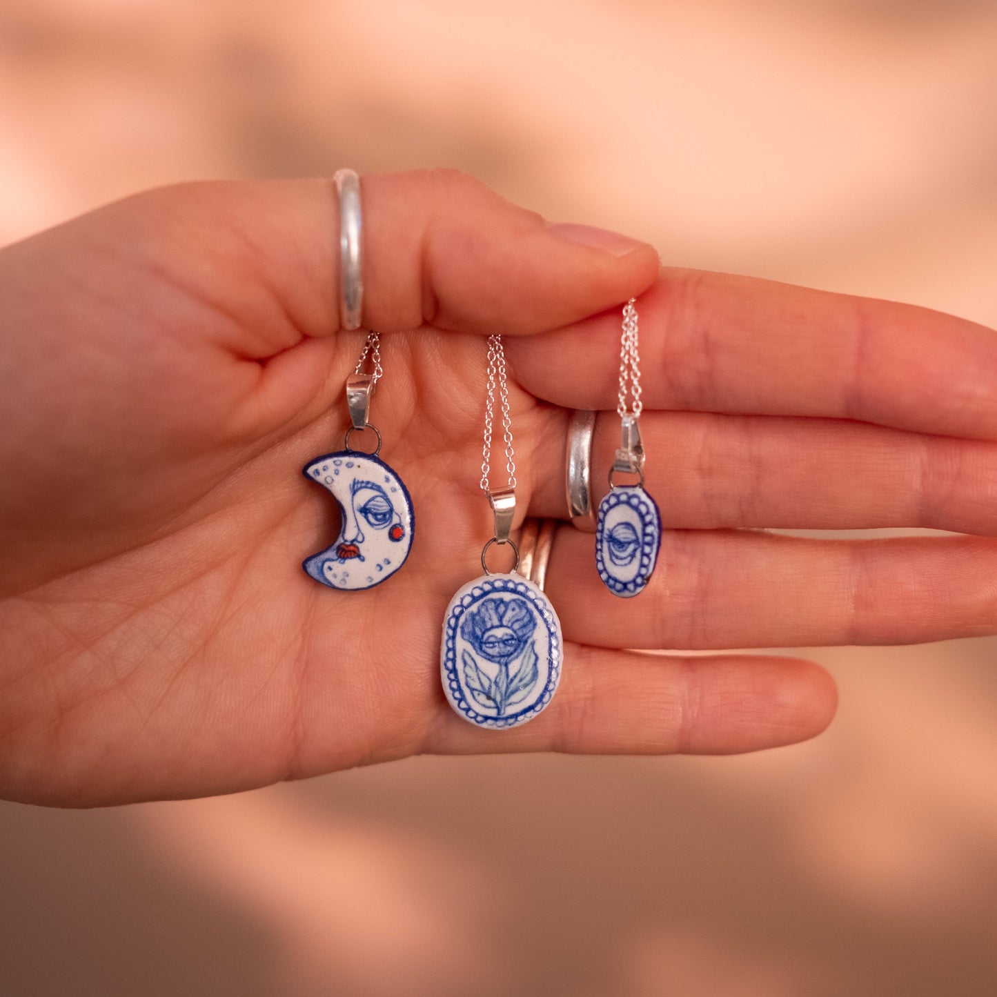 Handmade Ceramic Pendant Necklace – Flower Person Design (Sterling Silver, Nature-Inspired Jewellery)