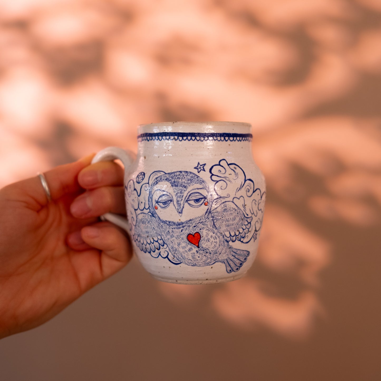 Handcrafted Ceramic Mug - Flying Owl Design (300ml, Speckled Stoneware)