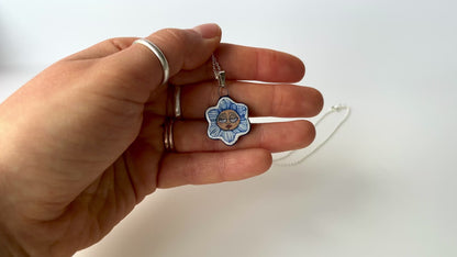 Handmade Ceramic Flower Shaped Pendant Necklace – Flower Person Design (Sterling Silver, Wearable Art)