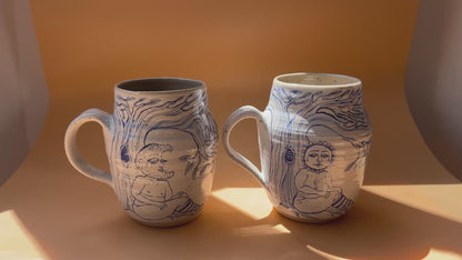 Handcrafted Large Ceramic Mug Set – Under the Same Tree: Sun & Moon Design (Speckled Stoneware, 450ml)